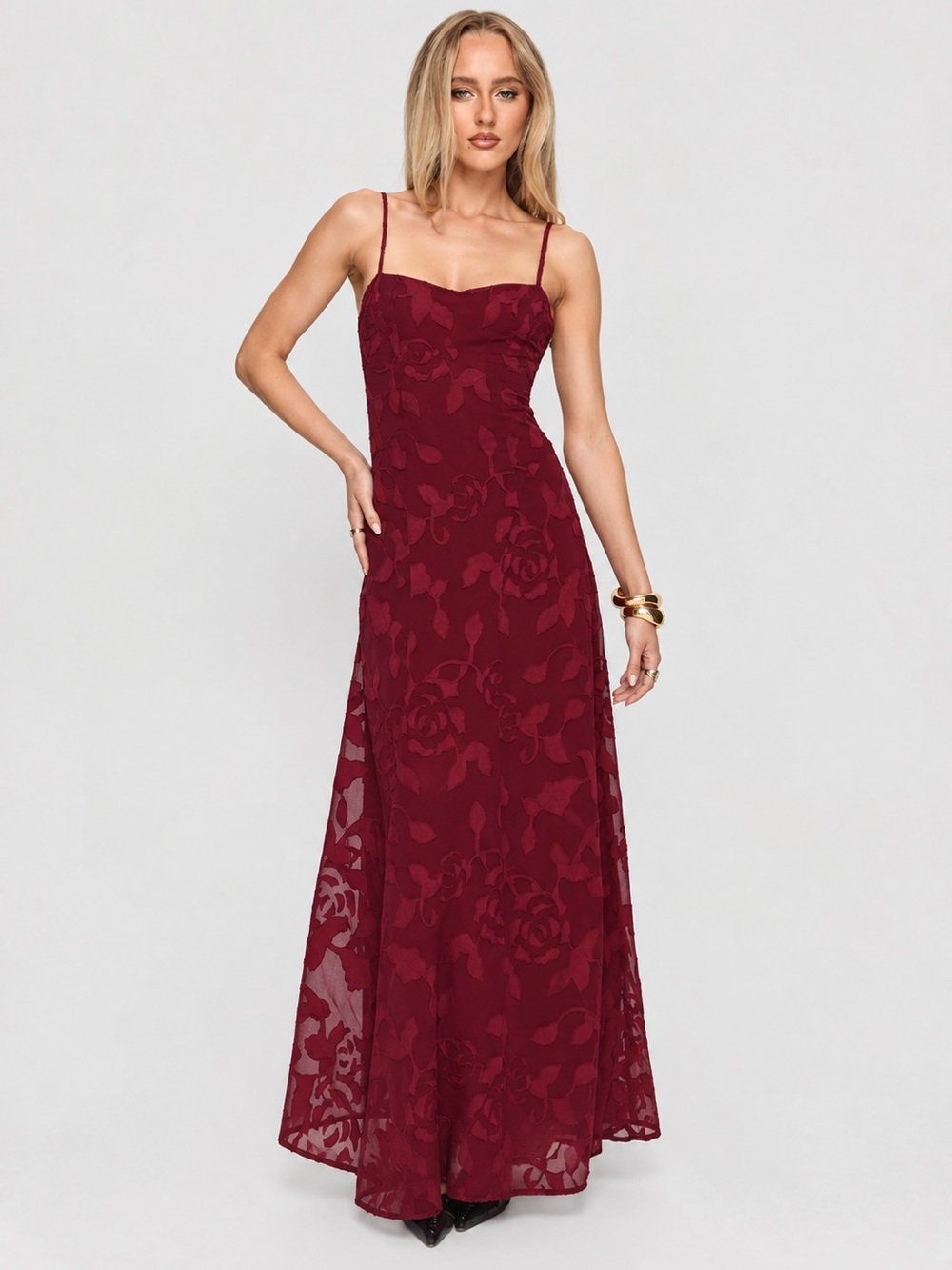 Princess Polly Burgundy Floral Lace Maxi Dress